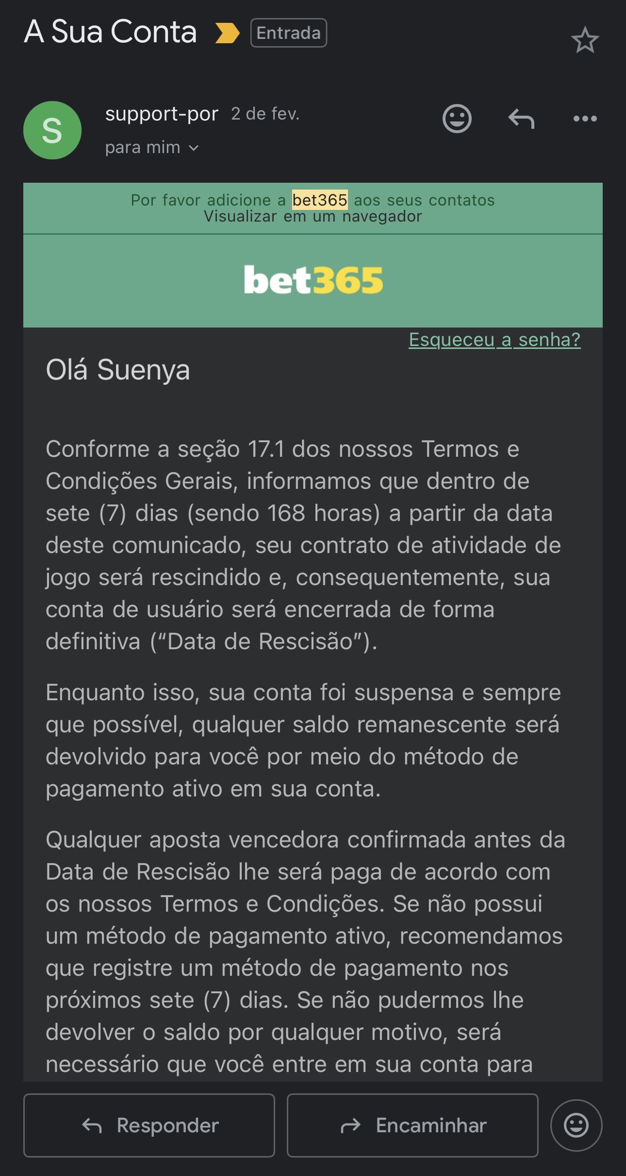Conta bloqueada na Bet365 - caso real Suenya